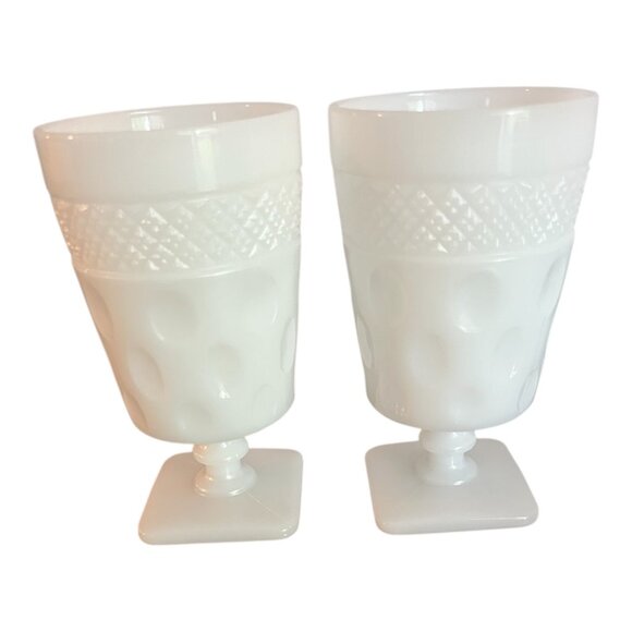 Vtg Milk Glass Goblets Set Of 2 With Diamond & Thumbprint Pattern Pedestal 5.5" - Picture 4 of 6